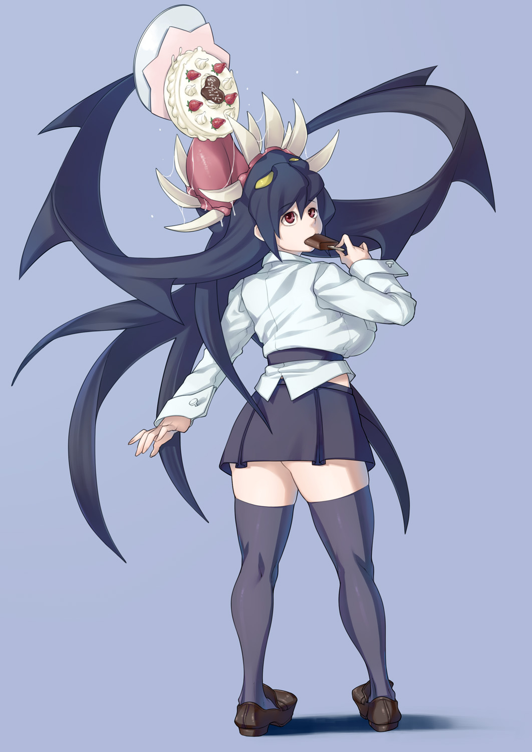 1girl black_hair breasts cake eating filia_(skullgirls) food from_behind futakuchi-onna harmaline highres large_breasts parasite plump popsicle prehensile_hair red_eyes samson_(skullgirls) skullgirls tagme thighhighs tongue