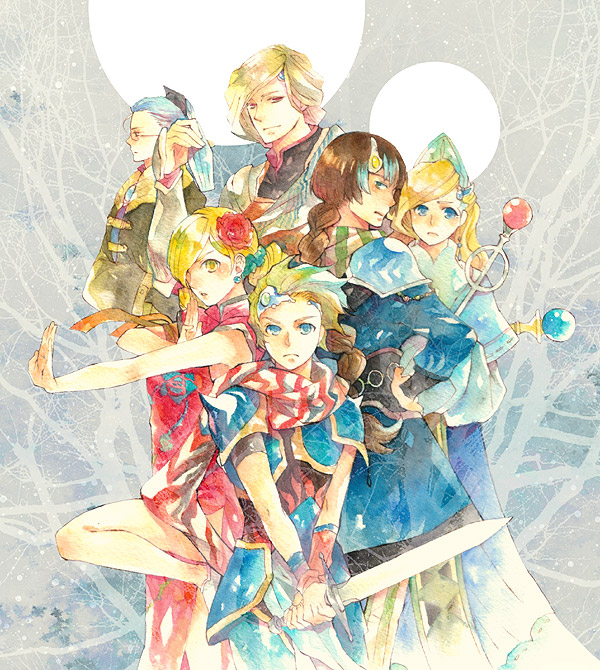 1990s_(style) 3boys 3girls armor blonde_hair blue_eyes blue_hair ceodore_harvey china_dress chinese_clothes dress final_fantasy final_fantasy_iv final_fantasy_iv:_the_after_years flower frown edward_chris_von_muir glasses hair_flower hair_ornament harley_(ff4) hat leonora long_hair multiple_boys multiple_girls palom satoo scarf short_hair sword ursula_leiden weapon yellow_eyes