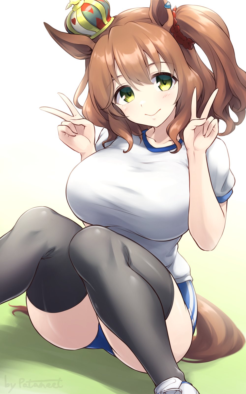 1girl animal_ears aston_machan_(umamusume) blue_buruma breasts brown_hair buruma crown double_v feet_out_of_frame gym_shirt gym_uniform highres horse_ears horse_girl horse_tail large_breasts looking_at_viewer medium_hair mini_crown one_side_up pataneet shirt simple_background sitting solo t-shirt tail umamusume v white_background white_shirt