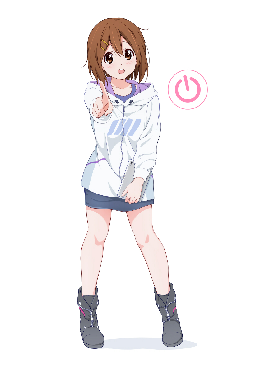 black_shoes blue_skirt blue_tank_top blush brown_eyes brown_hair collarbone commentary english_commentary full_body hair_between_eyes hair_ornament hairclip highres hirasawa_yui holding holding_tablet_pc jacket k-on! long_sleeves looking_at_viewer open_mouth outstretched_arm pointing pointing_at_viewer power_symbol sawanatsu_mikan shoes short_hair simple_background skirt smile standing tablet_pc tank_top white_background white_jacket zipper