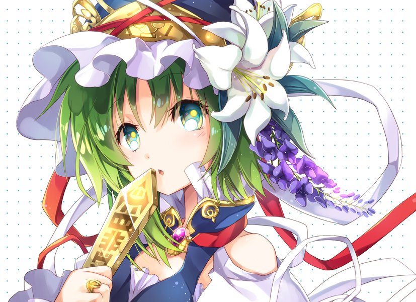 1girl aqua_eyes bare_shoulders blue_hat blue_vest brooch clothing_cutout female_focus flower frilled_hat frills green_hair hat hat_flower hat_ornament hat_ribbon high_collar jewelry leaf_hat_ornament lily_(flower) looking_at_viewer open_mouth portrait red_ribbon ribbon ring rod_of_remorse shiki_eiki short_hair shoulder_cutout solo touhou vest white_background white_flower white_ribbon yamadori_ofuu