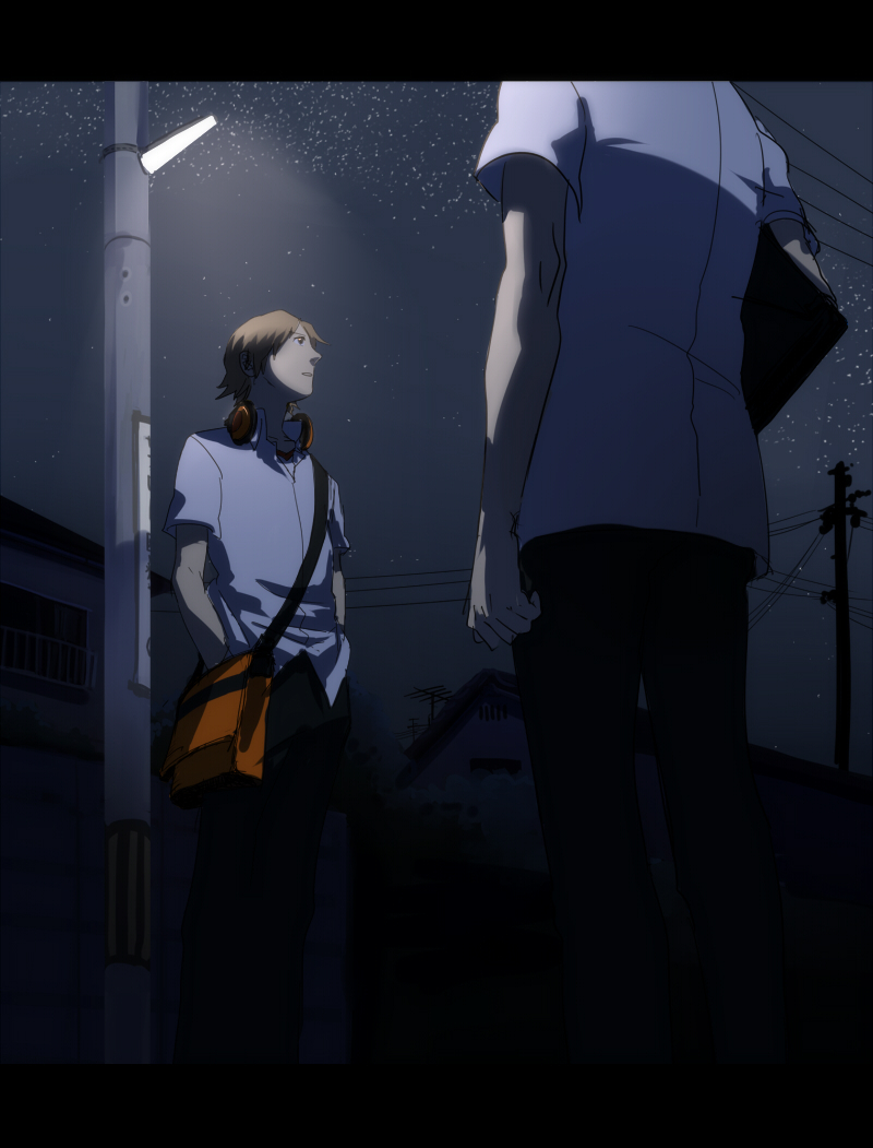 2boys at_night atlus brown_hair collared_shirt hanamura_yousuke headphones headphones_around_neck koredemoka lamppost letterboxed male_focus multiple_boys narukami_yuu night pants persona persona_4 school_uniform serori_(koredemoka) shirt