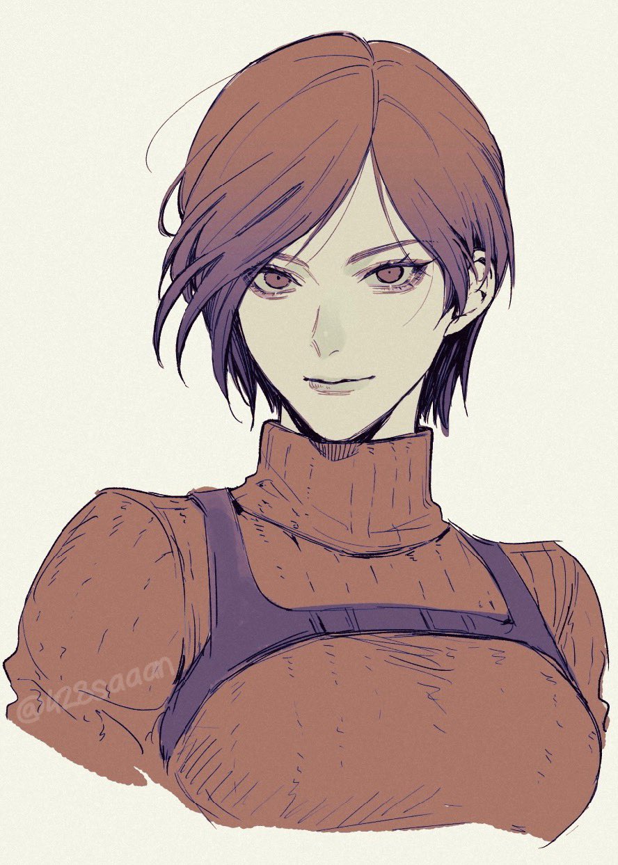 1girl 428saaan ada_wong black_hair dress highres holster looking_at_viewer red_sweater resident_evil resident_evil_4 resident_evil_4_(remake) shoulder_holster smile solo sweater sweater_dress turtleneck turtleneck_dress