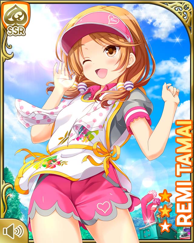 1girl :d apron bare_legs brown_eyes brown_hair card_(medium) day girlfriend_(kari) golf golf_club golf_course looking_at_viewer low_twintails official_art one_eye_closed open_mouth outdoors pink_shorts qp:flapper shorts smile solo standing tagme tamai_remi twintails