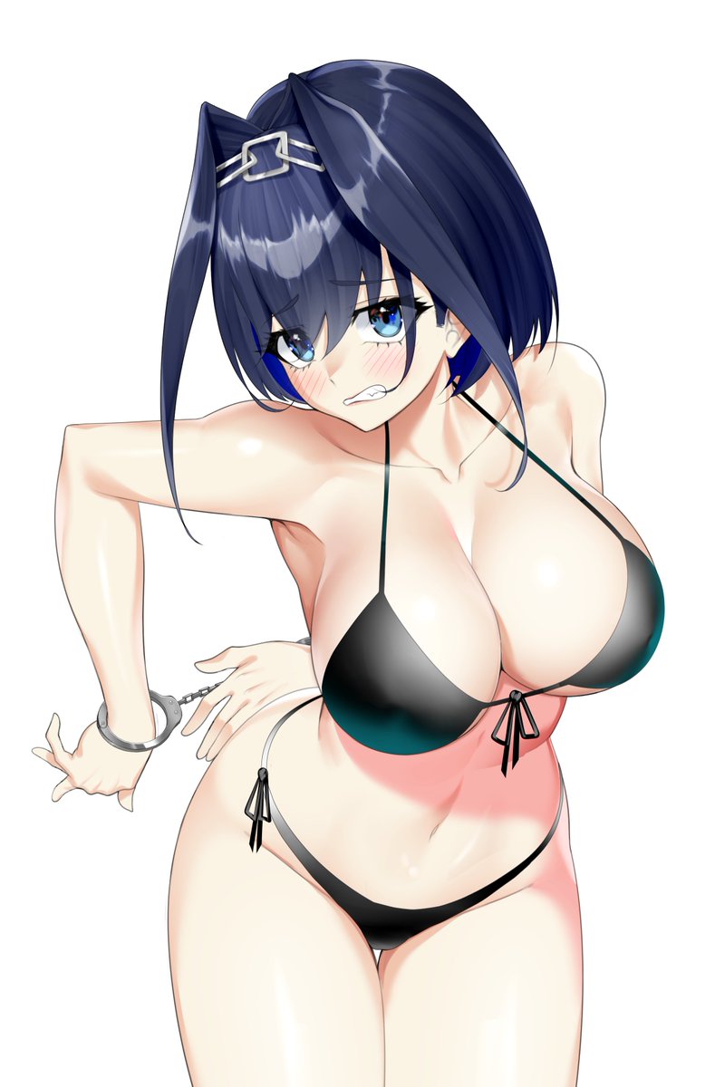 1girl alternate_costume bare_shoulders bikini black_bikini black_hair blue_eyes blue_hair blush bound bow breasts chain chain_headband cleavage collarbone commission cuffs front-tie_bikini_top front-tie_top hair_intakes handcuffs highres hololive hololive_english large_breasts looking_at_viewer navel ouro_kronii porougon short_hair side-tie_bikini_bottom simple_background solo stomach swimsuit virtual_youtuber white_background