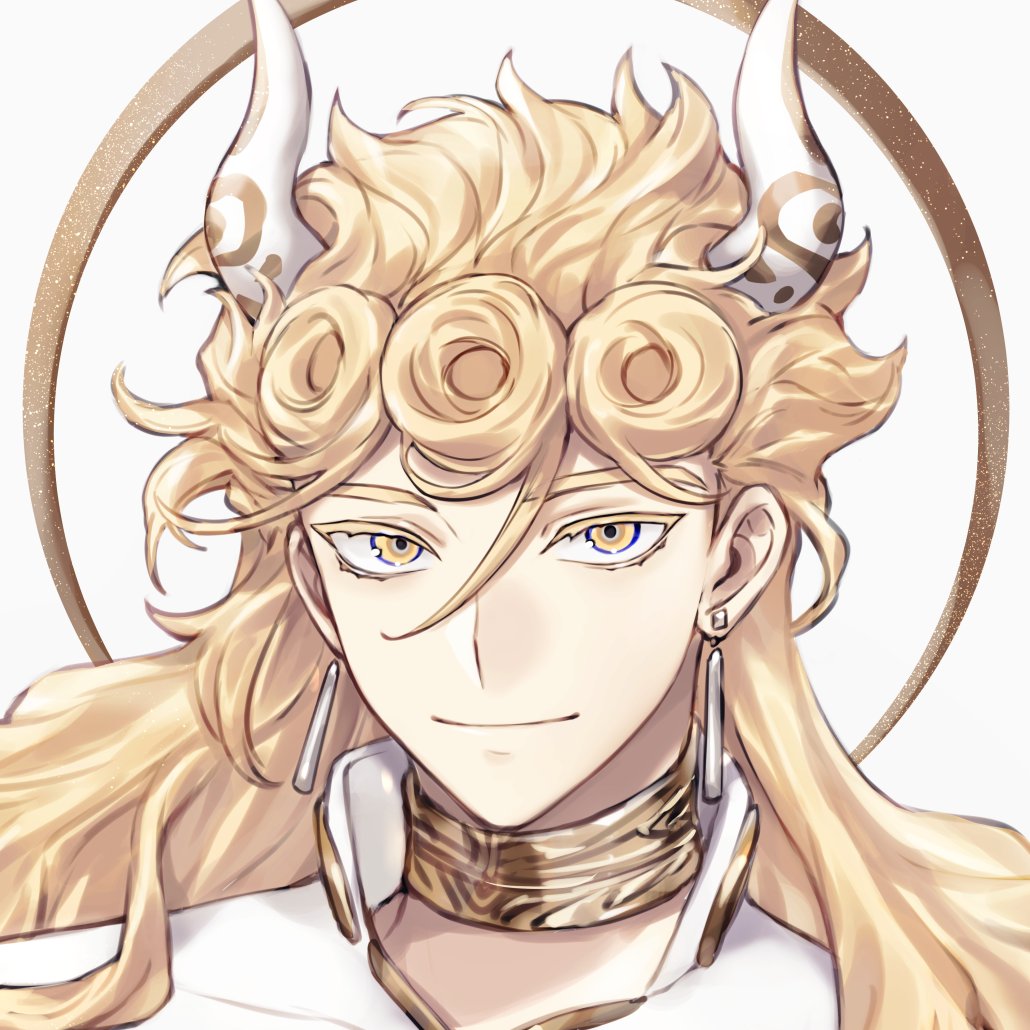 1boy blonde_hair closed_mouth collar commentary_request earrings floating_earring giorno_giovanna glitter gold_trim hair_between_eyes hair_rings horns jewelry jojo_no_kimyou_na_bouken light_smile long_hair looking_at_viewer male_focus portrait shirt simple_background solo tiyi_(tiyi_a09) vento_aureo white_background white_shirt yellow_eyes