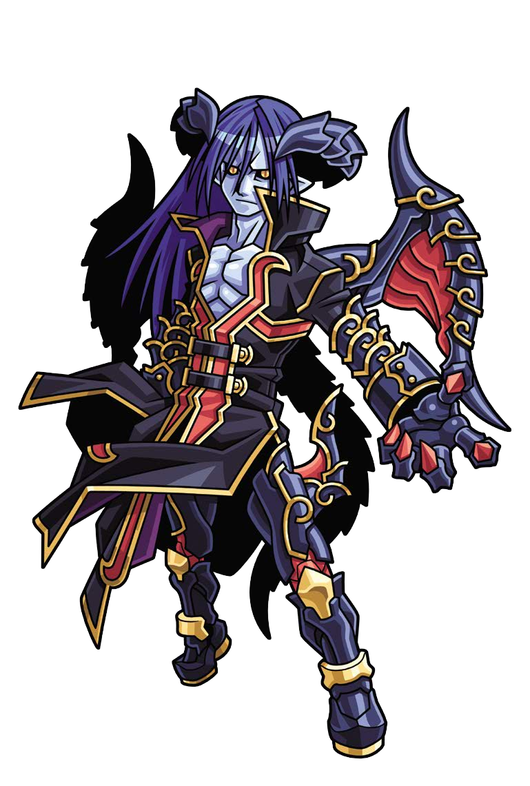 1boy armored_boots black_coat black_outline black_sclera blue_hair blue_skin boots coat colored_sclera colored_skin demon_boy demon_horns demon_wings gauntlets harakawa_mitsuhiro horns long_hair non-web_source official_art outline shinrabanshou wings yellow_eyes