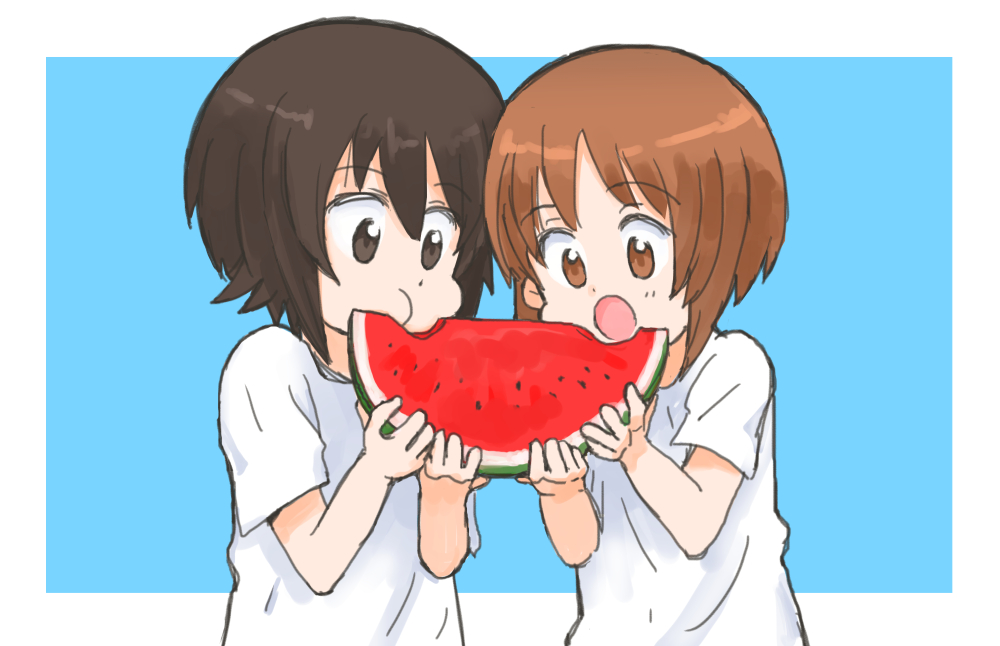 2girls :o aged_down black_hair brown_eyes brown_hair eating food girls_und_panzer holding holding_food multiple_girls mutsu_(layergreen) nishizumi_maho nishizumi_miho short_hair siblings simple_background sisters watermelon watermelon_slice