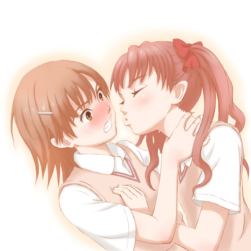 00s 2009 2girls blush bow brown_eyes brown_hair brown_sweater_vest collared_shirt embarrassed hair_bow hair_ornament hairclip hatopopopopo kiss long_hair looking_at_another matching_hair/eyes misaka_mikoto multiple_girls nose_blush red_bow school_uniform shirai_kuroko shirt short_hair summer_uniform sweater_vest toaru_kagaku_no_railgun toaru_majutsu_no_index tokiwadai_school_uniform upper_body white_background white_shirt yuri