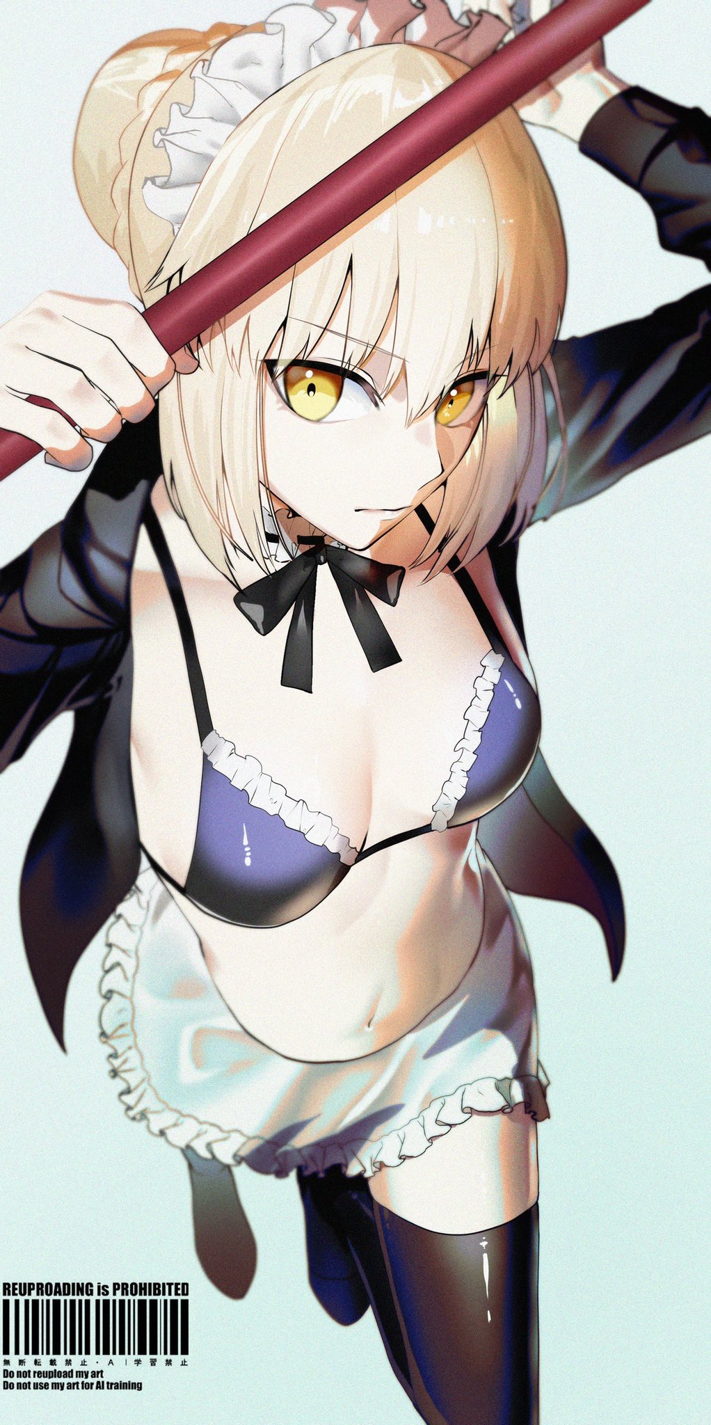 1girl apron artoria_pendragon_(alter_swimsuit_rider)_(fate) artoria_pendragon_(alter_swimsuit_rider)_(second_ascension)_(fate) artoria_pendragon_(fate) bikini black_bikini black_thighhighs blonde_hair braid breasts choker fate/grand_order fate_(series) frilled_bikini frilled_choker frills highres hood hoodie jacket kabosoi_mangaka looking_at_viewer maid maid_bikini maid_headdress navel neck_garter open_clothes open_hoodie ribbon short_hair small_breasts solo swimsuit thighhighs unconventional_maid waist_apron yellow_eyes