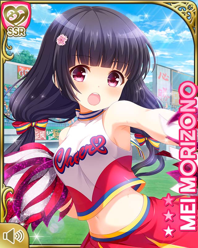 1girl :o black_hair card_(medium) cheerleader close-up day football_field girlfriend_(kari) hair_ornament low_twintails middriff morizono_mei navel official_art open_mouth orange_eyes outdoors pompoms qp:flapper red_footwear red_shirt shirt shoes socks solo standing tagme twintails