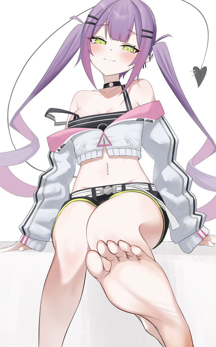 1girl barefoot blush breasts choker ear_piercing feet green_eyes head_tilt highres hololive hood hoodie long_hair looking_at_viewer navel navel_piercing piercing purple_hair smile smug soles tail thighs toes tokoyami_towa twintails uw_chanmaru virtual_youtuber white_background white_hoodie