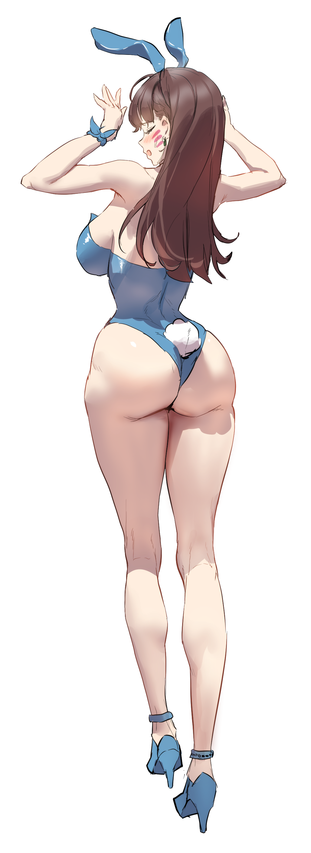1girl absurdres animal_ears anklet ass backboob bare_legs blue_footwear blue_leotard blue_ribbon blush breasts brown_hair closed_eyes d.va_(overwatch) earrings facial_mark fake_animal_ears fake_tail from_behind full_body high_heels highres jewelry kneepits large_breasts legs leotard long_hair long_legs muloli nose_blush overwatch overwatch_1 playboy_bunny rabbit_ears rabbit_tail ribbon sideboob sideways_mouth solo standing strapless strapless_leotard tail whisker_markings white_background wrist_ribbon