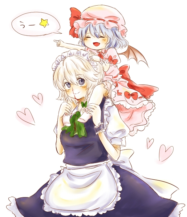 2girls :d ^_^ apron ascot bat_wings blood blue_dress blue_eyes blue_hair braid carrying child closed_eyes dress closed_eyes fang female_focus hair_ribbon hat hat_ribbon heart izayoi_sakuya maid maid_apron maid_headdress maru_usagi multiple_girls nosebleed open_mouth outstretched_arm pointing pointing_forward puffy_sleeves remilia_scarlet ribbon shirt short_hair short_sleeves shoulder_carry silver_hair skirt skirt_set smile touhou translated twin_braids uu~ waist_apron wings aged_down