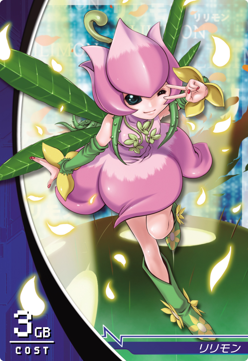 1girl bare_shoulders boots digimon digimon_(creature) digimon_jintrix dress female_focus flower green_eyes lilimon nail_polish official_art one_eye_closed petals smile solo tagme v wings wink