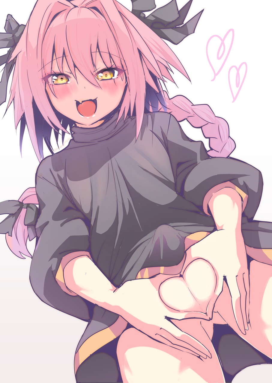 wisespeak, astolfo (fate), fateapocrypha, fate (series), highres, 1boy,  black shirt, bulge, erection, erection under clothes, fang, hair intakes,  heart, heart hands, looking at viewer, male focus, naked shirt, open mouth,  penis, pink