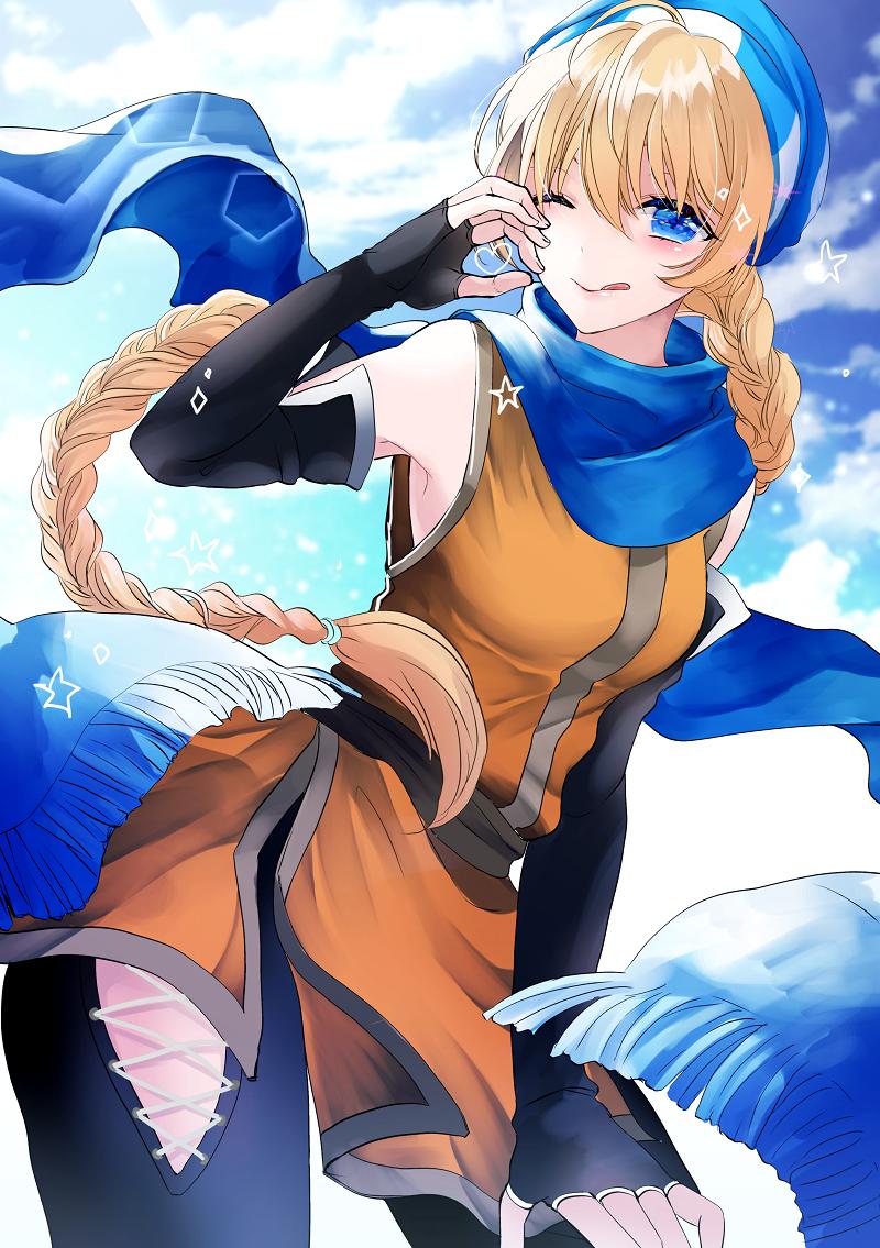 1girl blonde_hair blue_eyes blue_scarf braid elbow_gloves fire_emblem fire_emblem:_genealogy_of_the_holy_war gloves hat long_hair looking_at_viewer nintendo one-hour_drawing_challenge one_eye_closed pantyhose patty_(fire_emblem) scarf solo