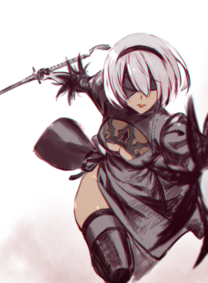 1girl 2b_(nier:automata) black_dress black_footwear blindfold boots breasts cleavage covered_eyes dress expressionless facing_viewer grey_hair highres holding holding_sword holding_weapon katana medium_breasts mole mole_under_mouth moriyama_daisuke nier:automata nier_(series) short_hair solo sword thigh_boots weapon