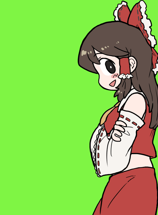 1girl black_eyes blush_stickers bow breasts bright_pupils brown_hair brown_necktie bseibutsu collared_shirt cookie_(touhou) cowboy_shot crossed_arms detached_sleeves frilled_bow frilled_hair_tubes frills from_side green_background hair_bow hair_tubes hakurei_reimu long_hair looking_at_viewer looking_to_the_side medium_breasts necktie noel_(cookie) open_mouth profile red_bow red_shirt red_skirt ribbon-trimmed_sleeves ribbon_trim shirt sidelocks simple_background skirt skirt_set smile solo touhou vest white_pupils white_sleeves