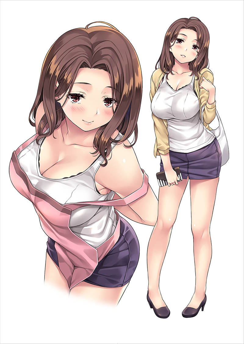 1girl apron bag bare_shoulders black_bra black_footwear bra bra_peek breasts brown_eyes brown_hair cleavage closed_mouth collarbone commentary_request cropped_legs full_body holding holding_bag jacket large_breasts light_blush looking_at_viewer mature_female medium_hair mizuhara_yuu multiple_views open_clothes open_jacket original parted_lips pink_apron purple_skirt simple_background skirt smile tank_top underwear white_background white_tank_top yellow_jacket