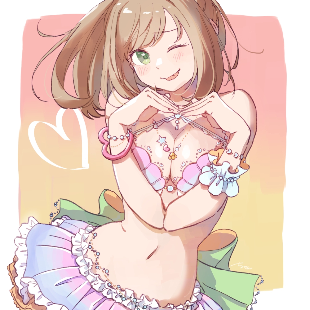 1girl ;p bare_arms bare_shoulders bikini bikini_top_only blue_bikini blue_skirt blush bracelet breasts brown_hair chanosuke cleavage frilled_skirt frills gradient_background gradient_clothes gradient_skirt green_eyes green_sash hands_up head_tilt heart heart_arms heart_bracelet idolmaster idolmaster_cinderella_girls jewelry large_breasts long_hair looking_at_viewer midriff miniskirt navel official_alternate_costume one_eye_closed pink_bikini pink_skirt red_background sash sato_shin shell shell_bikini single_wrist_cuff skirt solo standing swimsuit tongue tongue_out two-tone_bikini two-tone_skirt upper_body white_background wrist_cuffs yellow_background