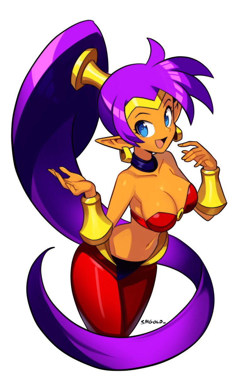 1girl artist_name bare_shoulders blue_eyes breasts cleavage collarbone dark-skinned_female dark_skin earrings highres jewelry large_breasts looking_at_viewer navel open_mouth pointy_ears ponytail purple_hair shantae shantae_(series) simple_background smgold smile solo standing strapless white_background