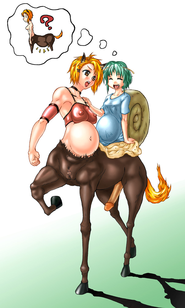 1futa 1girl animal_ears antennae blonde_hair breasts brown_eyes centaur choker futanari green_hair hair_ornament halterneck hooves impossible_clothes impossible_shirt lipstick makeup medium_breasts monster_girl nipples penis pregnant pussy shadow shell shirt snail snail_girl speech_bubble tail taur thought_bubble