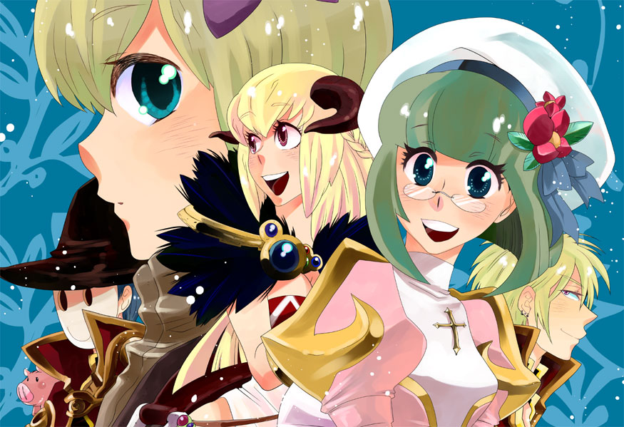 2boys 3girls black_headwear blonde_hair blue_bow blue_hair blunt_bangs bob_cut bow breasts brown_eyes brown_shirt capelet closed_mouth commentary_request cross dress ear_piercing flower fur_collar glasses green_eyes green_hair hair_between_eyes hair_bow hat hat_flower high_priest_(ragnarok_online) horns juliet_sleeves large_breasts long_hair long_sleeves looking_at_viewer looking_to_the_side mask medium_breasts merchant_(ragnarok_online) multiple_boys multiple_girls open_mouth otsuki_(tm3n) piercing piglet pink_dress puffy_sleeves purple_bow ragnarok_online red_capelet red_flower sailor_hat savage_babe semi-rimless_eyewear shirt short_hair smile sorcerer_(ragnarok_online) two-tone_dress under-rim_eyewear upper_body white_dress white_headwear witch_hat wizard_(ragnarok_online)