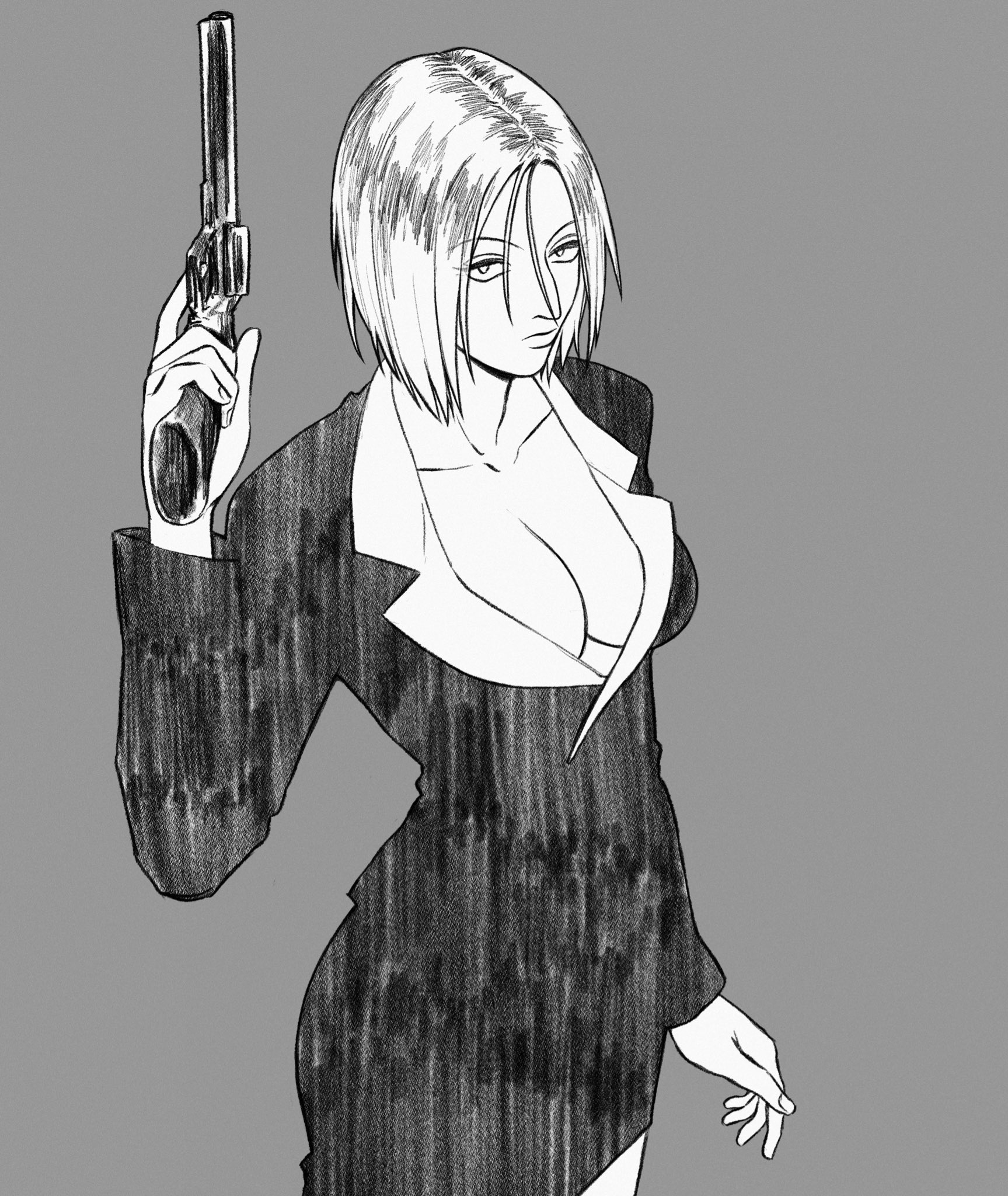 pakunoda, hunter x hunter, highres, 1boy, 1girl, breasts, cleavage, closed  mouth, cowboy shot, formal, greyscale, gun, handgun, holding, holding gun,  holding weapon, large breasts, long sleeves, looking at viewer, male focus,  monochrome,