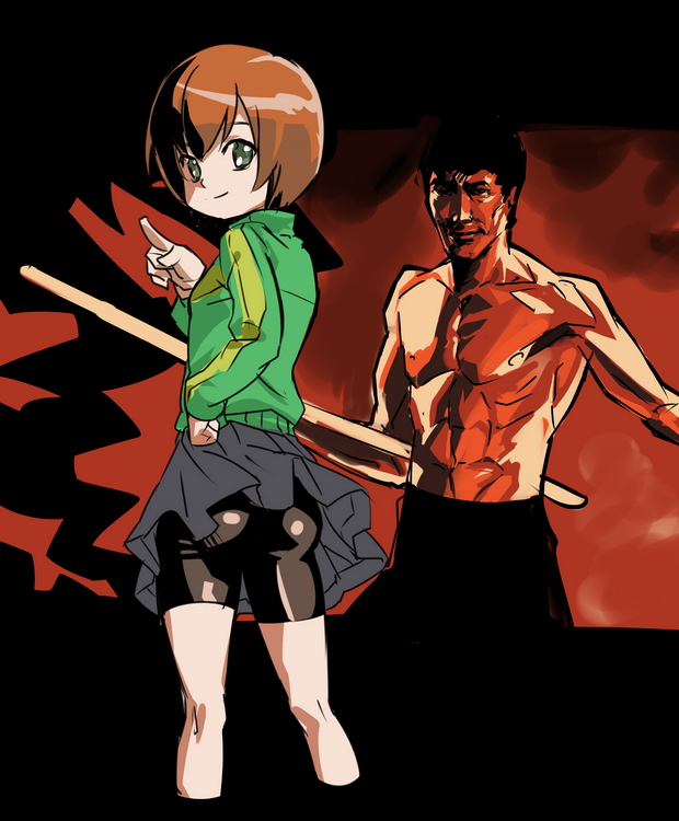 1boy 1girl ass atlus bike_shorts brown_hair bruce_lee jacket kung_fu makacoon martial_arts persona persona_4 real_life real_life_insert satonaka_chie short_hair skirt track_jacket