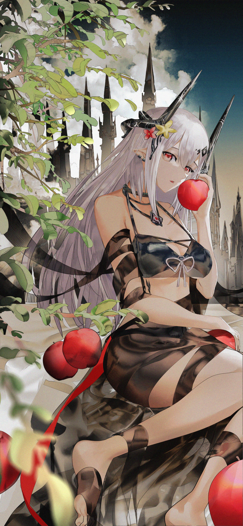 apple arknights bare_shoulders barefoot bikini black_bikini breasts castle cleavage collar earrings flower food fruit grey_hair hair_flower hair_ornament highres holding holding_food holding_fruit horns infection_monitor_(arknights) jewelry large_breasts long_hair looking_at_viewer material_growth mudrock_(arknights) mudrock_(silent_night)_(arknights) necklace official_alternate_costume oripathy_lesion_(arknights) parted_lips pointy_ears red_eyes red_flower sarong sitting straight_hair swimsuit tsujieiri underboob very_long_hair yellow_flower yokozuwari