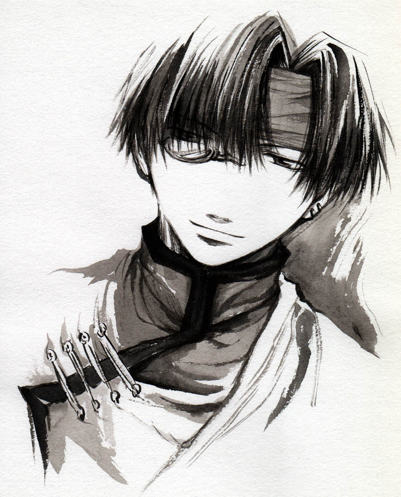 1boy bad_id bad_pixiv_id cho_hakkai looking_at_viewer male_focus monochrome monocle nekoyashiki saiyuki short_hair solo