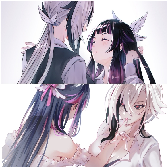 2girls ^_^ aoiabyss arlecchino_(genshin_impact) bare_shoulders black_hair black_vest blunt_bangs closed_eyes columbina_(genshin_impact) commentary genshin_impact grey_hair long_hair multicolored_hair multiple_girls off-shoulder_shirt off_shoulder shirt streaked_hair very_long_hair vest white_shirt yuri