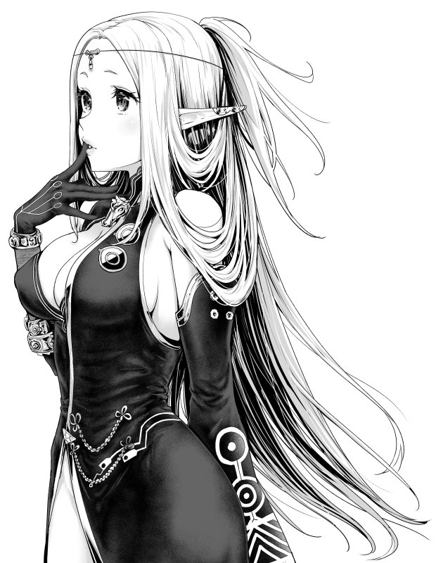 1girl blush breasts circlet cleavage cowboy_shot detached_sleeves dress ear_covers etrian_odyssey from_side gloves greyscale hand_up kazabuki_poni large_breasts long_hair monochrome parted_lips pointy_ears sekaiju_no_meikyuu sekaiju_no_meikyuu_5 simple_background solo standing warlock_(sekaiju) warlock_2_(sekaiju) white_background