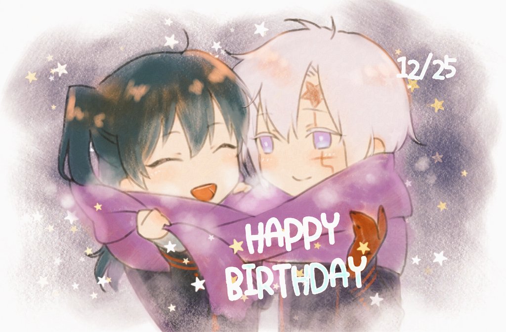 1boy 1girl allen_walker black_jacket black_order_uniform chibi closed_eyes colored_extremities couple d.gray-man facial_mark green_hair happy_birthday jacket laughing lenalee_lee light_smile long_hair looking_at_another njiyaaa open_mouth purple_eyes purple_scarf red_hands red_stripes scarf short_twintails star_(sky) twintails white_hair