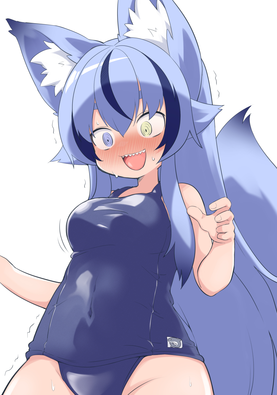 1girl :d animal_ear_fluff animal_ears bare_arms bare_shoulders blue_eyes blue_hair blue_one-piece_swimsuit blush breasts commentary_request eyebrows_hidden_by_hair foxxre hair_between_eyes heterochromia highres long_hair medium_breasts multicolored_hair nose_blush old_school_swimsuit one-piece_swimsuit open_mouth original school_swimsuit sharp_teeth short_eyebrows simple_background smile solo streaked_hair swimsuit tail teeth thick_eyebrows trembling very_long_hair white_background yellow_eyes