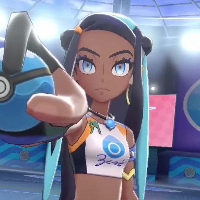 1girl :&lt; armlet bare_shoulders bikini black_hair blue_eyes blue_hair breasts closed_mouth creatures_(company) crop_top dark-skinned_female dark_skin earrings eyelashes female_focus fingerless_gloves forehead game_cg game_freak gloves hair_ornament holding holding_poke_ball hoop_earrings jewelry light_blue_hair long_hair looking_at_viewer makeup multicolored_hair necklace nessa_(pokemon) nintendo poke_ball pokemon pokemon_swsh single_fingerless_glove sleeveless small_breasts stadium swimsuit tankini two-tone_hair upper_body