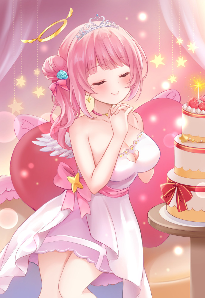 1girl angel_wings birthday_cake blush breasts cake cleavage closed_eyes closed_mouth commentary commentary_request commission dress food halo indie_virtual_youtuber large_breasts long_hair mashiro_mayu nikoo own_hands_together pink_hair pink_ribbon pink_theme pixiv_commission ribbon side_ponytail smile solo star_(symbol) thighs virtual_youtuber white_dress wings