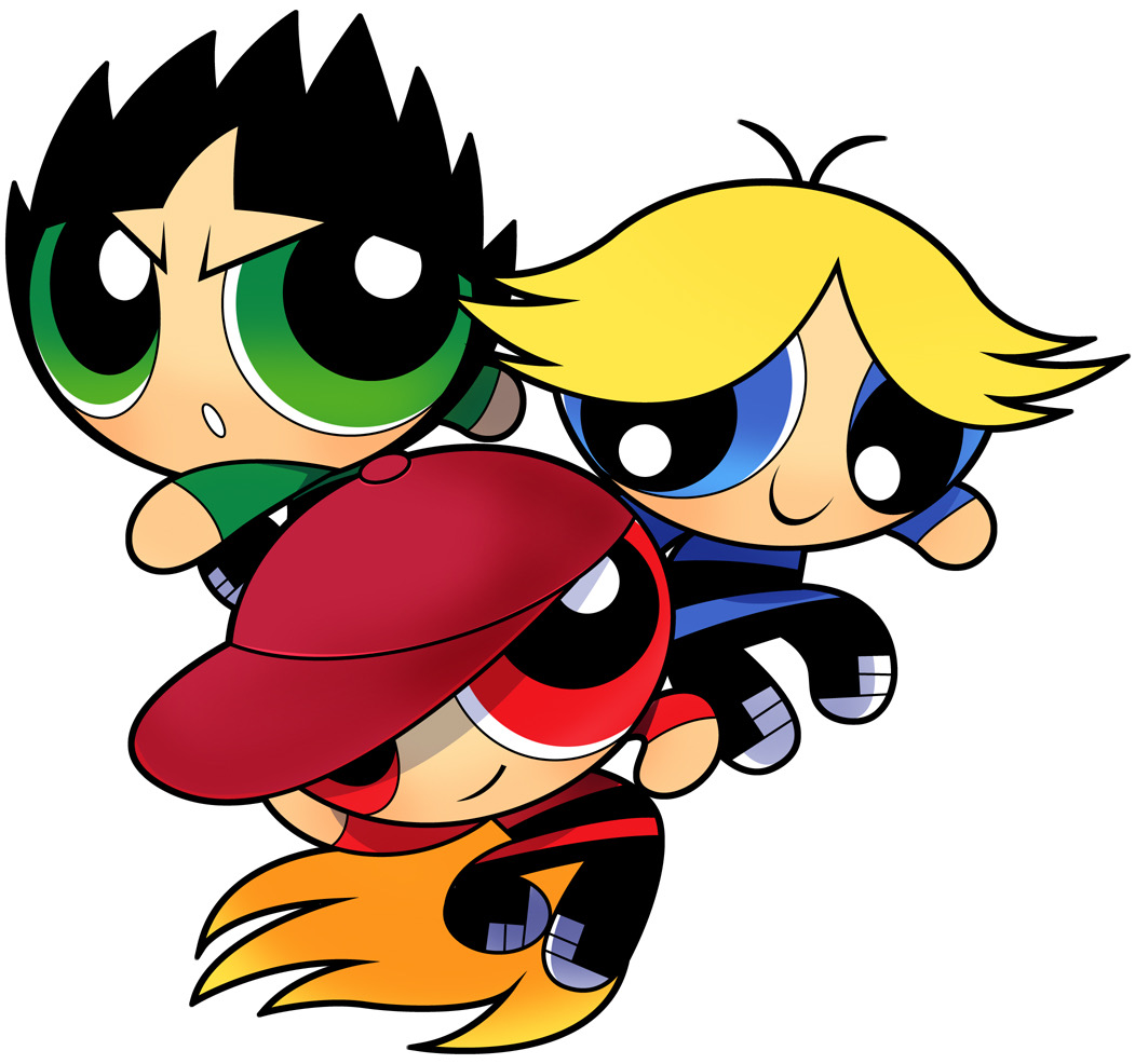 3boys black_hair blonde_hair blue_eyes boomer_(ppg) brick_(ppg) brothers butch_(ppg) child clenched_teeth full_body furrowed_brow green_eyes hat long_hair multiple_boys orange_hair parted_lips powerpuff_girls red_eyes rowdyruff_boys short_hair siblings smile smirk spiked_hair teeth white_background aged_down