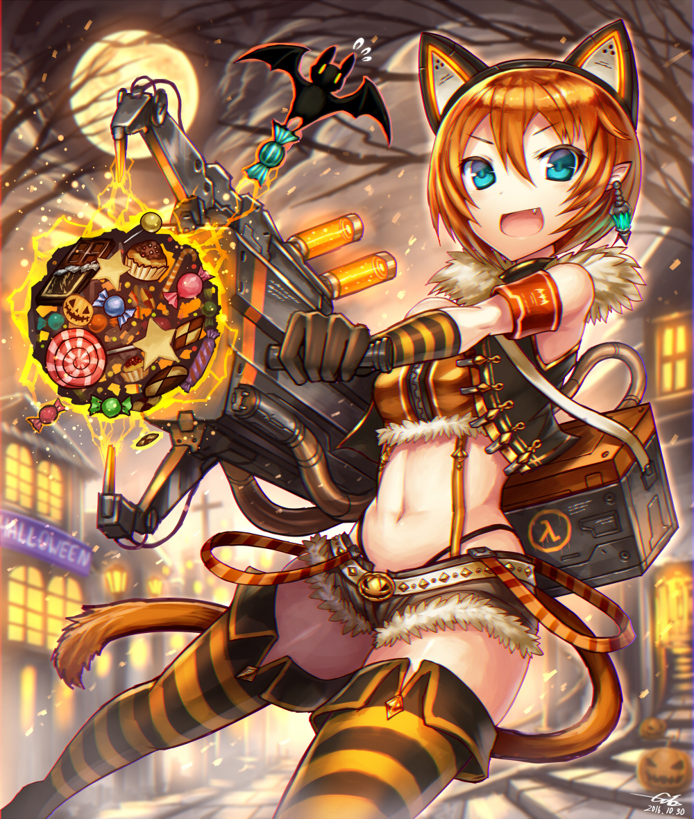 &gt;:d 10s 1girl 2016 :d aiming animal animal_ears armband bare_shoulders bare_tree bat_(animal) belt black_gloves black_panties blue_eyes blurry box building candy candy_cane carrying cat_ears cat_tail charging chocolate cloud comic cookie cupcake depth_of_field earrings fake_animal_ears fang flying_sweatdrops food full_moon fur_trim gia gloves glowing glowing_weapon gun hair_between_eyes half-life half-life_(series) half-life_2 halloween halloween_costume highleg highleg_panties holding holding_weapon house jack-o&#039;-lantern jewelry lantern legs_apart light_particles liquid looking_at_viewer moon navel night night_sky open_mouth orange_hair original outdoors outstretched_arm panties parody pointy_ears pumpkin short_hair short_shorts shorts signature sky sleeveless smile stairs star_(symbol) stomach striped_clothes striped_thighhighs suspenders suspenders_slip tail thighhighs tree turtleneck underwear v-shaped_eyebrows weapon wire zipper