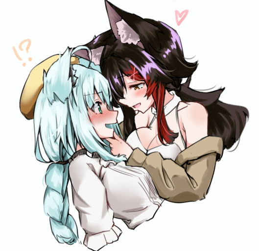 !? 2girls ahoge animal_ear_fluff animal_ears bare_shoulders beige_jacket beret black_hair blush braid braided_ponytail breasts cleavage commentary_request fox_ears fox_girl green_eyes hair_between_eyes hand_on_another&#039;s_chin hat heart hololive jacket long_hair looking_at_another medium_breasts mooninkyuu multicolored_hair multiple_girls ookami_mio ookami_mio_(street) open_clothes open_jacket open_mouth red_hair shirakami_fubuki shirt sidelocks simple_background small_breasts streaked_hair virtual_youtuber wavy_mouth white_background white_hair white_shirt wolf_ears wolf_girl yellow_eyes yellow_headwear yuri