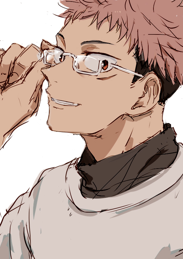 1boy adjusting_eyewear bespectacled commentary_request facial_mark glasses grin itadori_yuuji jujutsu_kaisen looking_at_viewer male_focus nori20170709 pink_eyes pink_hair short_bangs short_hair sideways_glance simple_background smile solo teeth turtleneck undercut white_background