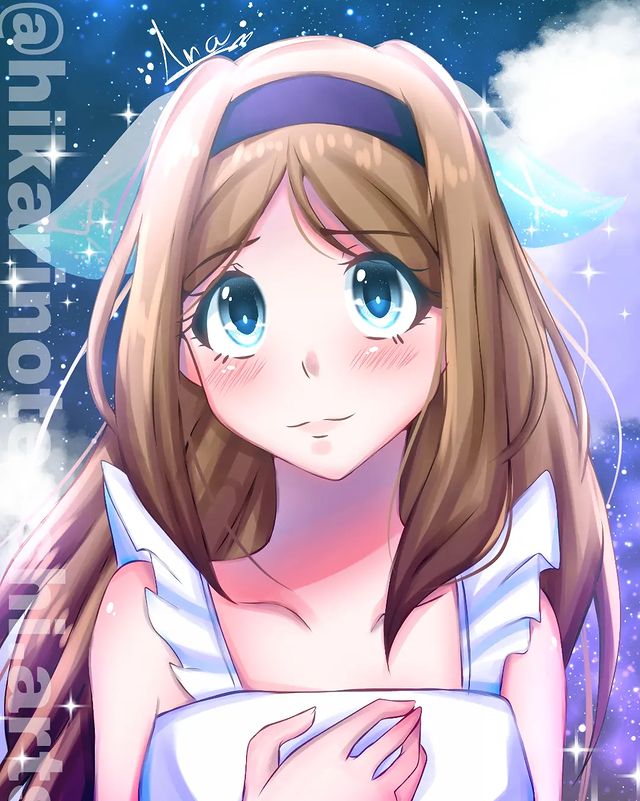 1girl black_hairband blue_eyes borrowed_character brown_hair hairband hand_on_own_chest hikarinotenshi.arts instagram_username light_blush original pale_skin sky solo star_(sky) starry_sky