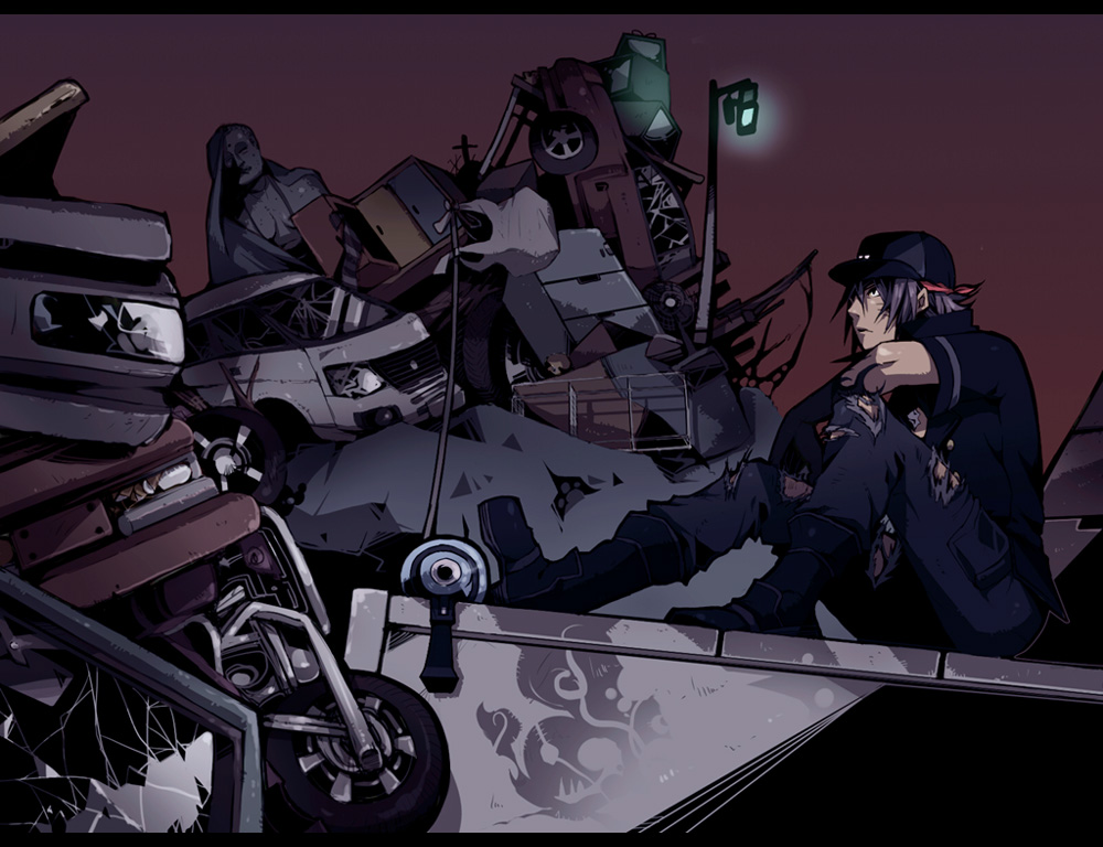 1boy black_footwear black_hat boots car commentary_request duplicate hat junk junkyard male_focus minamimoto_sho motor_vehicle pants purple_hair ruins sitting solo subarashiki_kono_sekai tore_(ksg666xxx) torn_clothes torn_pants traffic_light