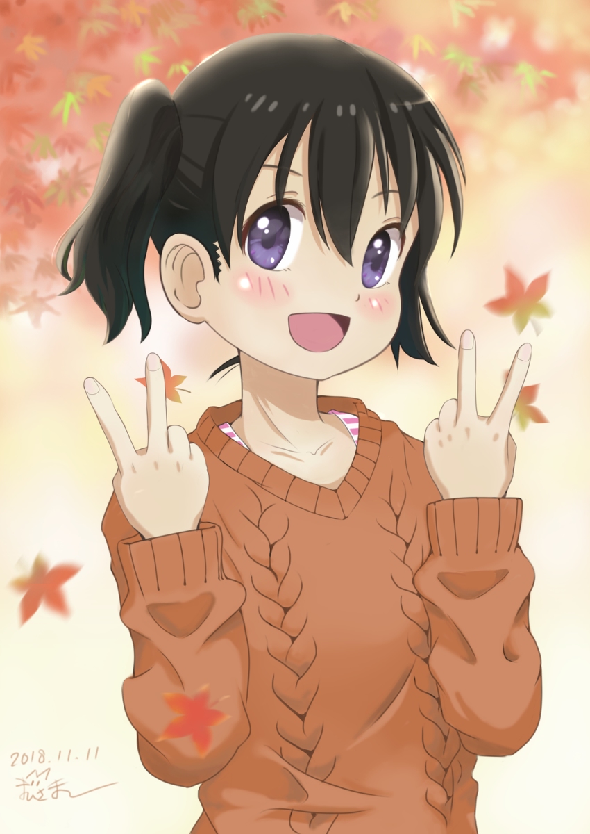 1girl 2018 artist_name autumn black_hair blush collarbone dot_nose double_v falling_leaves feet_out_of_frame female_focus highres kuraue_hinata leaf leaves long_sleeves medium_hair open_mouth purple_eyes simple_background solo standing su6546age v yama_no_susume