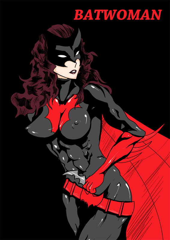 1girl abs batman_(series) batwoman belt breasts cape covered_erect_nipples dc_comics female_focus long_hair mask muscular nipples nousk red_hair simple_background skin_tight solo