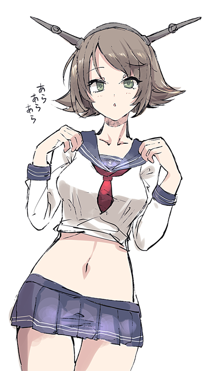 10s alternate_costume ara_ara bad_id bad_twitter_id brown_hair cis_(carcharias) headgear kantai_collection midriff miniskirt mutsu_(kancolle) navel school_uniform serafuku short_hair skirt solo