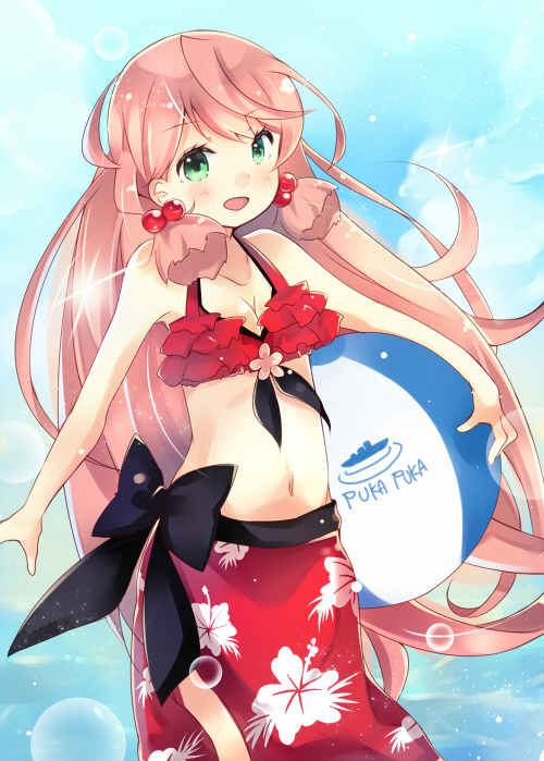 10s 1girl akashi_(kancolle) balloon bikini female_focus gradient_background green_eyes hair_ribbon kantai_collection kurata_yumi long_hair looking_at_viewer open_mouth pink_hair puka_puka ribbon sarong smile solo swimsuit tress_ribbon twintails very_long_hair