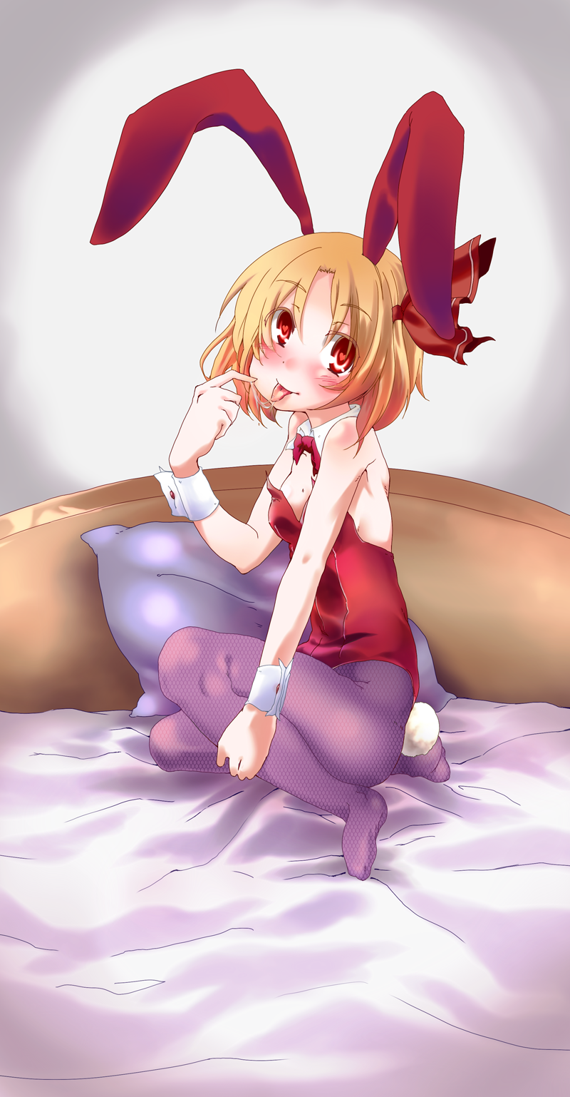 1girl amagase_lyle animal_ears bare_shoulders bed blonde_hair blush female_focus fishnet_pantyhose fishnets hair_ribbon highres leotard pantyhose playboy_bunny rabbit_ears rabbit_tail red_eyes ribbon rumia saliva saliva_trail solo tail tongue tongue_out touhou