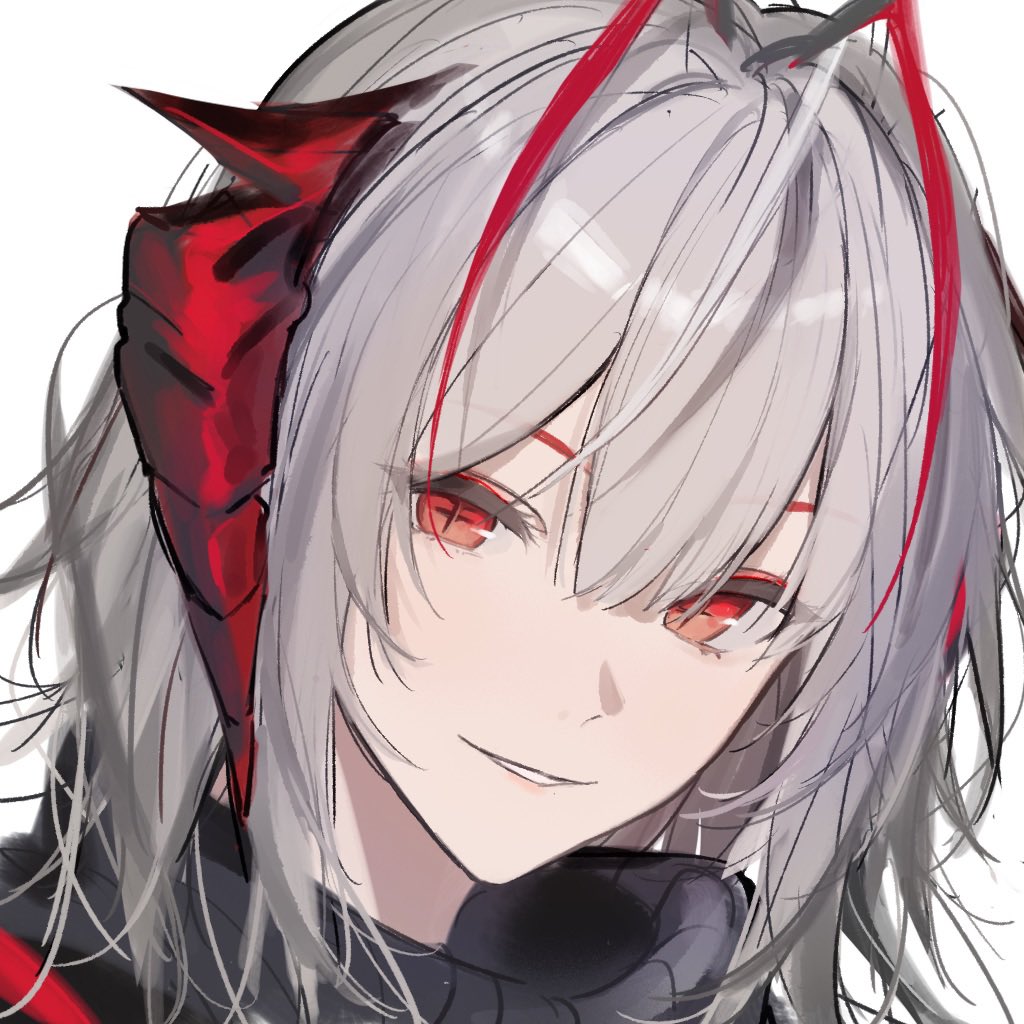 +_+ 1girl antenna_hair antennae arknights black_scarf demon_horns grey_hair hair_between_eyes horns looking_at_viewer multicolored_hair parted_lips red_eyes scarf shishan979_(seleneebai) short_hair simple_background smile solo streaked_hair upper_body w_(arknights) white_background